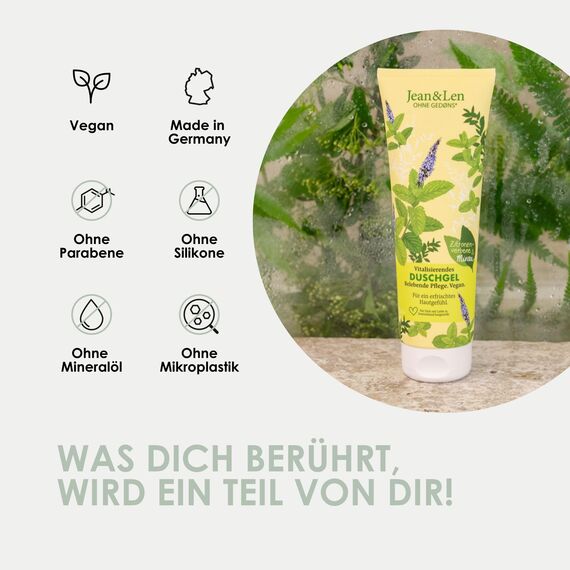 Jean & Len Vitalisierendes Duschgel Zitronenverbene & Minze, sanftes Reinigungserlebnis, für ein spürbar weiches Hautgefühl, frischer Duft, ohne Mikroplastik & Mineralöl, veganes Duschgel, 250 ml
