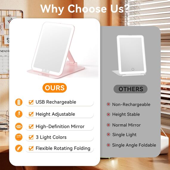 Auxmir Kosmetikspiegel mit Beleuchtung, Ultra Dünn Schminkspiegel mit 3 Lichtfarben, LED Spiegel mit Beleuchtung, USB Wiederaufladbar Tischspiegel Reisespiegel für Schminktisch, Reise, Rosa
