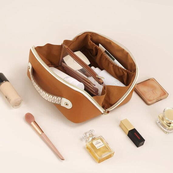 Prite Große Kapazität Kosmetiktasche Tragbare Reise Make Up Tasche wasserdichte PU-Leder Schminktasche oder Kulturbeutel mit Transparente Trenner und Griff(Braun M)