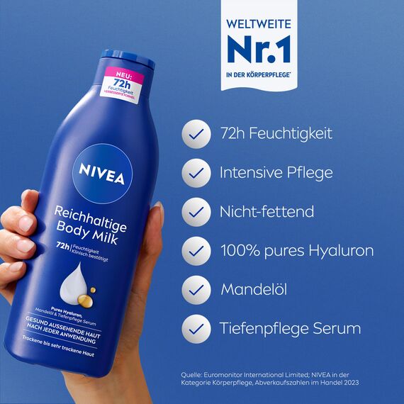 NIVEA Reichhaltige Body Milk, intensiv pflegende Körpercreme mit purem Hyaluron, Mandelöl und Tiefenpflege Serum, Lotion für trockene Haut (400 ml)