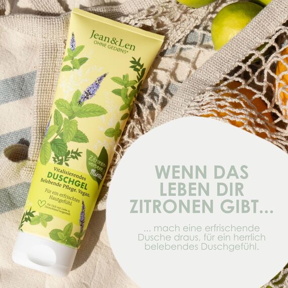 Jean & Len Vitalisierendes Duschgel Zitronenverbene & Minze, sanftes Reinigungserlebnis, für ein spürbar weiches Hautgefühl, frischer Duft, ohne Mikroplastik & Mineralöl, veganes Duschgel, 250 ml