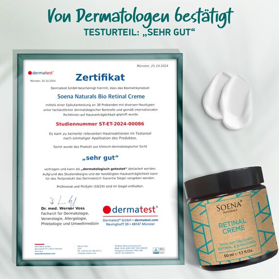 BIO Retinol Creme Hochdosiert + Power Wirkstoffe - Hyaluron, Bakuchiol, Vitamin C,E • Retinal Creme Gesicht von Soena - Feuchtigkeitscreme • Gegen Falten, Akne und vergrößerten Poren