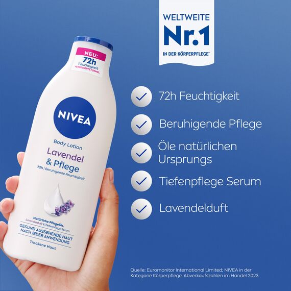 NIVEA Body Lotion Lavendel & Pflege, Körpercreme mit Lavendelduft und Tiefenpflege Serum für 72h Feuchtigkeit, Körperlotion mit Ölen natürlichen Ursprungs (400 ml)