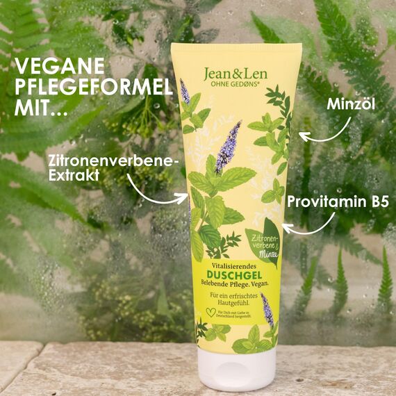 Jean & Len Vitalisierendes Duschgel Zitronenverbene & Minze, sanftes Reinigungserlebnis, für ein spürbar weiches Hautgefühl, frischer Duft, ohne Mikroplastik & Mineralöl, veganes Duschgel, 250 ml