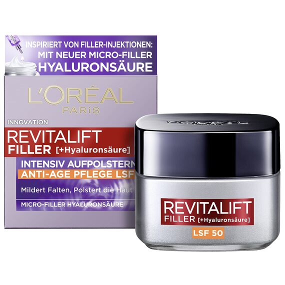L'Oréal Paris Hyaluron Tagescreme mit LSF 50, Anti-Aging Gesichtspflege mit Micro-Filler Hyaluronsäure für Feuchtigkeit und Anti Falten Effekt, Revitalift Filler, 1 x 50 ml (Packung mit 2)