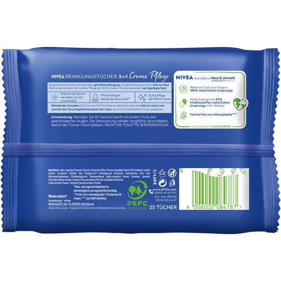 NIVEA Reinigungstücher 3in1 Creme Pflege, sanfte Abschminktücher für wasserfestes Make-Up, Gesichtsreinigung für alle Hauttypen mit Duft & Pflege der NIVEA Creme (25 Stück)