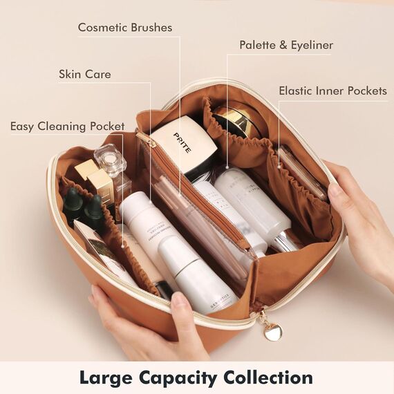 Prite Große Kapazität Kosmetiktasche Tragbare Reise Make Up Tasche wasserdichte PU-Leder Schminktasche oder Kulturbeutel mit Transparente Trenner und Griff(Braun M)
