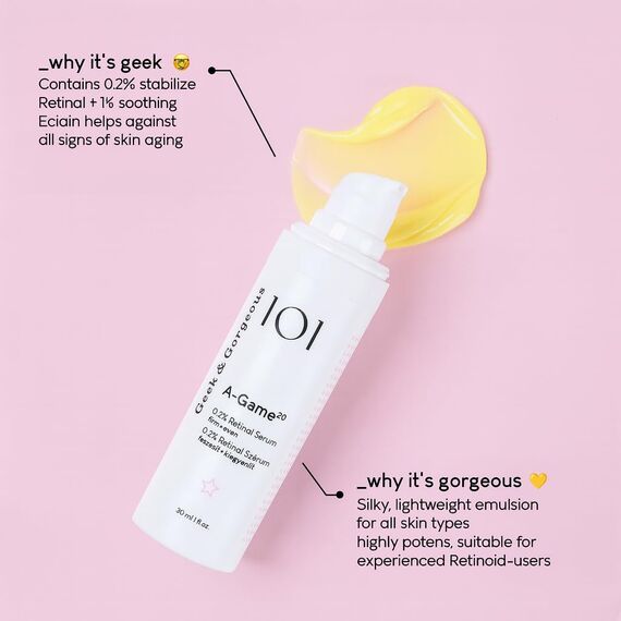 Geek & Gorgeous A-Game 20 – 0,2 % Retinal-Serum – Anti-Aging-Nachtserum mit Vitamin A – Mildert Falten, glättet Haut & stärkt Kollagen – Für Retinoid-erfahrene – 30 ml