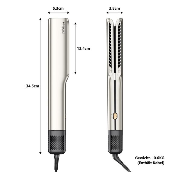 Air Haarglätter, PARWIN PRO BEAUTY Ionen Air Glätteisen, Ohne Heizplatten, Nass bis Trocken, Glätten mit Luft, Max.ca. 160 ℃, für Mittleres Haar und Langes Haar(35-75cm), 1200W, Champagnersilber