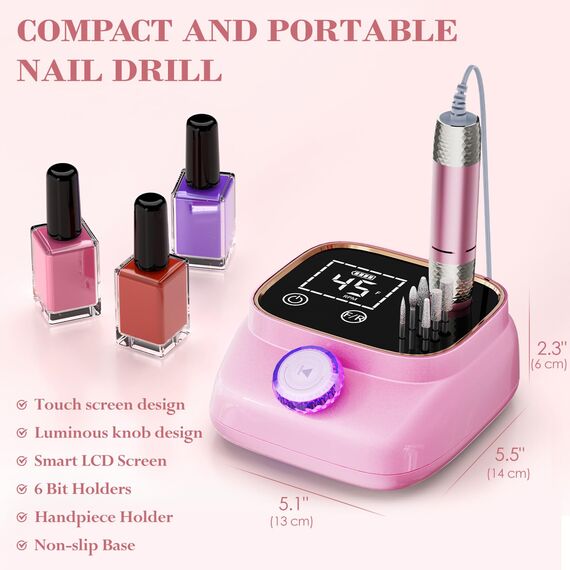 ANBEISTEE Professionell 45000 RPM Elektrische Nagelfräser, Tragbare Nagelfeile, Fräser Nägel, Nagelbohrer, Pediküre, Acrylnagel Gel Polieren Entfernen, Geeignet für Salons und Familien, Rosa