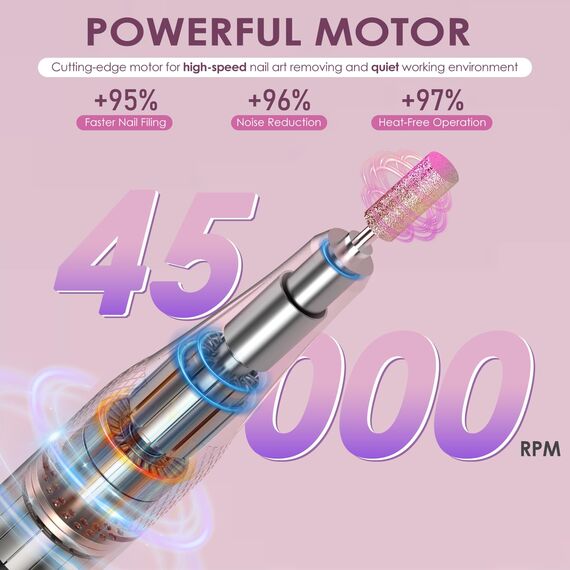 ANBEISTEE Professionell 45000 RPM Elektrische Nagelfräser, Tragbare Nagelfeile, Fräser Nägel, Nagelbohrer, 15+h Batterielebensdauer, für Maniküre/Pediküre/Formen/Polieren, Rosa