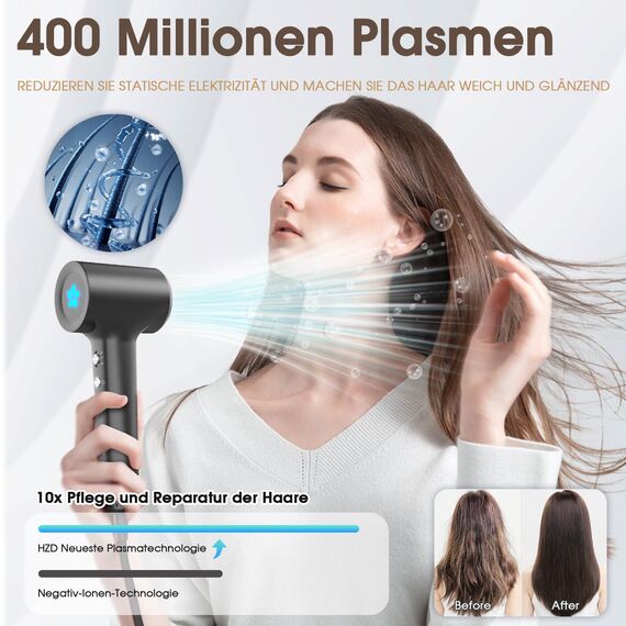Haartrockner, Ionen Föhn, 400 Millionen Plasma Fön, 110000 U/min Bürstenloser Motor Schnelles Trocknen Haarföhn, 57dB Geräuscharm Hair Dryer, Intelligentes Thermostat Haarfön für Reise, Zuhause