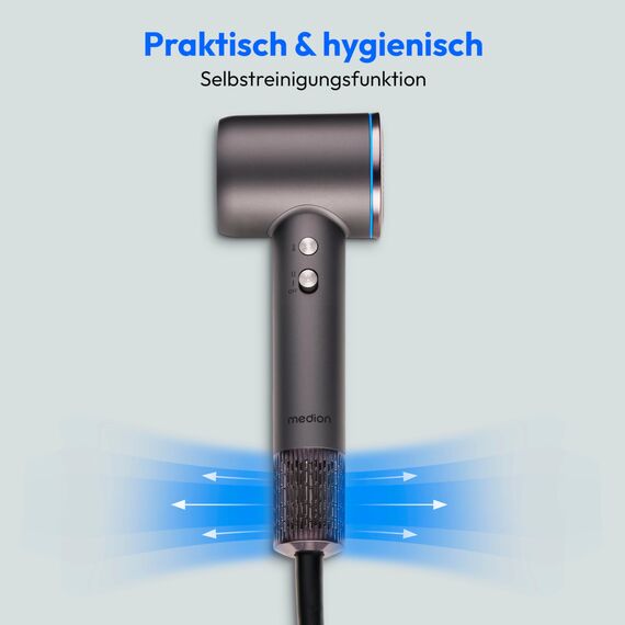 MEDION Föhn - Ionen Haartrockner mit Diffusor HD1 (1.600 Watt, Stylingdüse, magnetische Aufsätze, leise langlebiger BLDC Motor, LED Ringlicht, langes Netzkabel) Haarföhn in schwarz