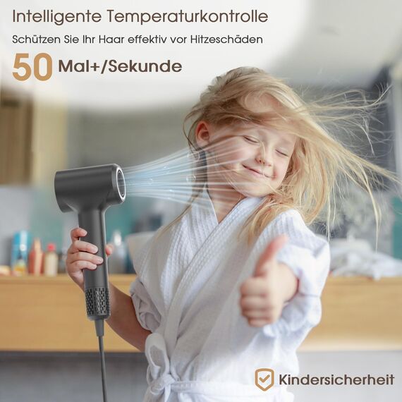 Haartrockner, Ionen Föhn, 400 Millionen Plasma Fön, 110000 U/min Bürstenloser Motor Schnelles Trocknen Haarföhn, 57dB Geräuscharm Hair Dryer, Intelligentes Thermostat Haarfön für Reise, Zuhause