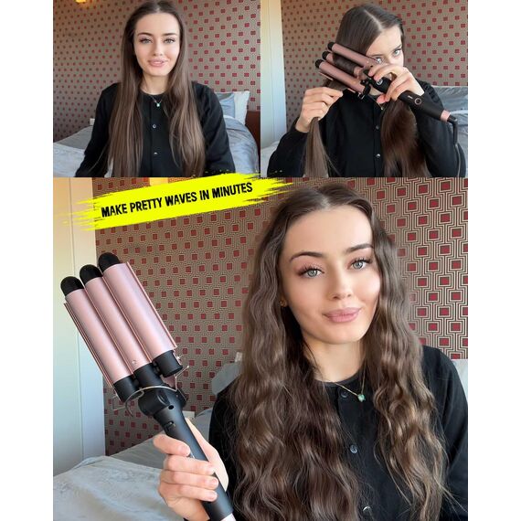 Mistcado 3 Fässer Welleneisen, 25mm Keramik Turmalin Haar Lockenstab Waver Wand mit LCD-Temperaturanzeige, Schnelle Heizung Faltbar Crimpers für Reisen