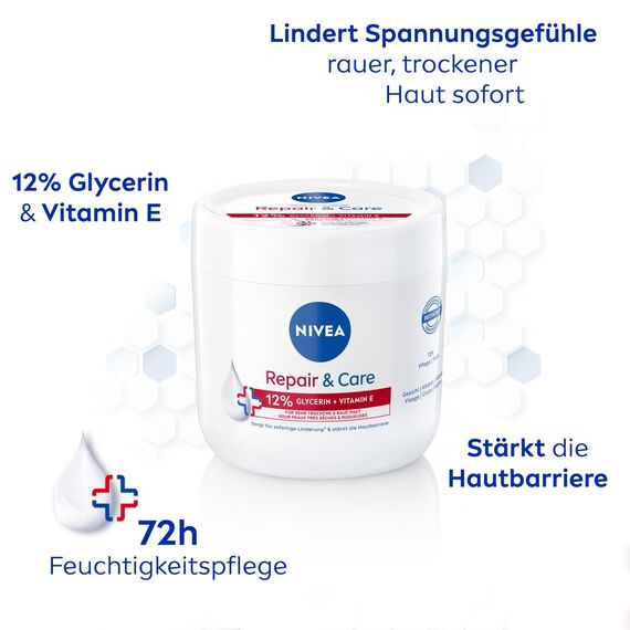 NIVEA Repair & Care Creme, feuchtigkeitsspendende & nicht fettende Körpercreme, schnell einziehende Lotion mit Vitamin E & Glycerin, für sehr trockene & raue Haut (400 ml) (Packung mit 2)