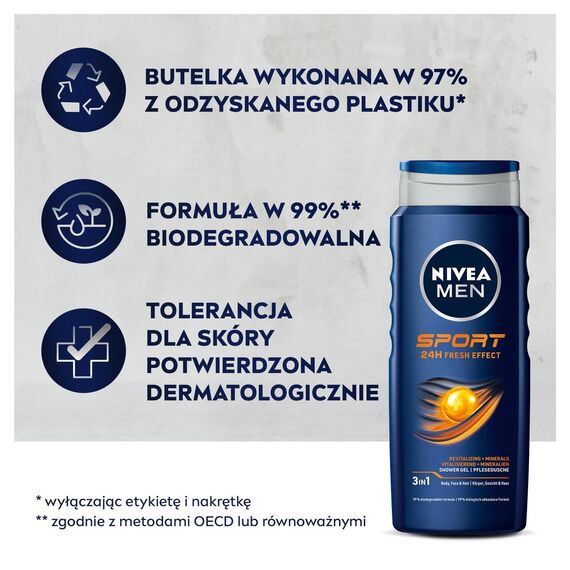 NIVEA MEN Sport Duschgel, Pflegedusche mit vitalisierendem Limonenduft und erfrischendem Schaum, Männer Duschgel mit Mineralien für Körper und Haar (500 ml) (Packung mit 5)