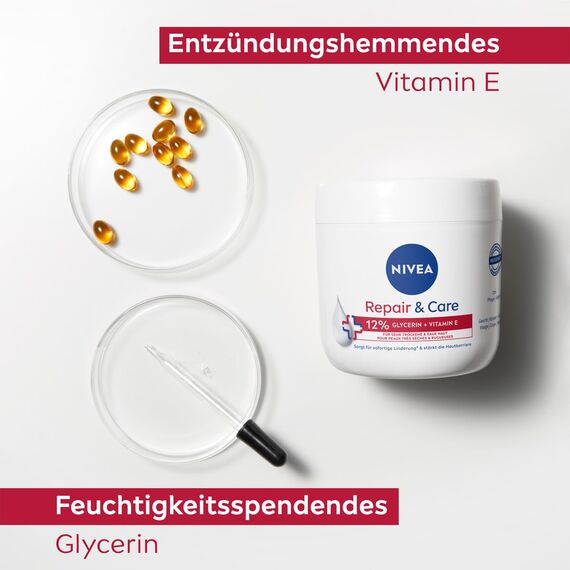 NIVEA Repair & Care Creme, feuchtigkeitsspendende & nicht fettende Körpercreme, schnell einziehende Lotion mit Vitamin E & Glycerin, für sehr trockene & raue Haut (400 ml) (Packung mit 2)
