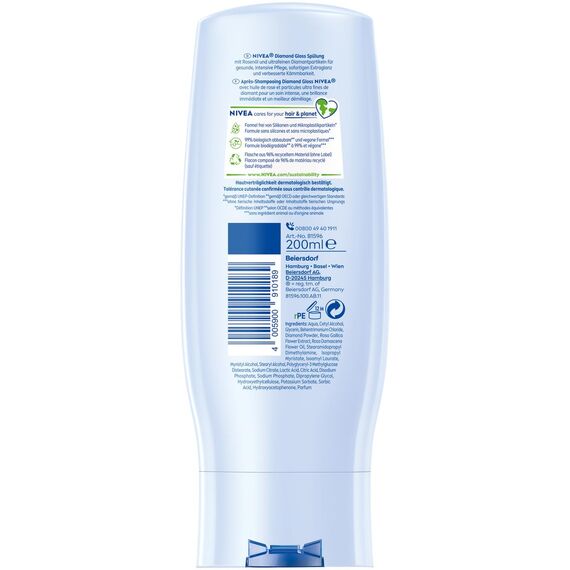 NIVEA Diamond Gloss Brillanz Spülung, pflegende Haarspülung mit Diamantpartikeln und Rosenöl, intensive Pflegespülung für strahlenden Glanz (200 ml) (Packung mit 5)