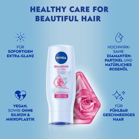 NIVEA Diamond Gloss Brillanz Spülung, pflegende Haarspülung mit Diamantpartikeln und Rosenöl, intensive Pflegespülung für strahlenden Glanz (200 ml) (Packung mit 5)