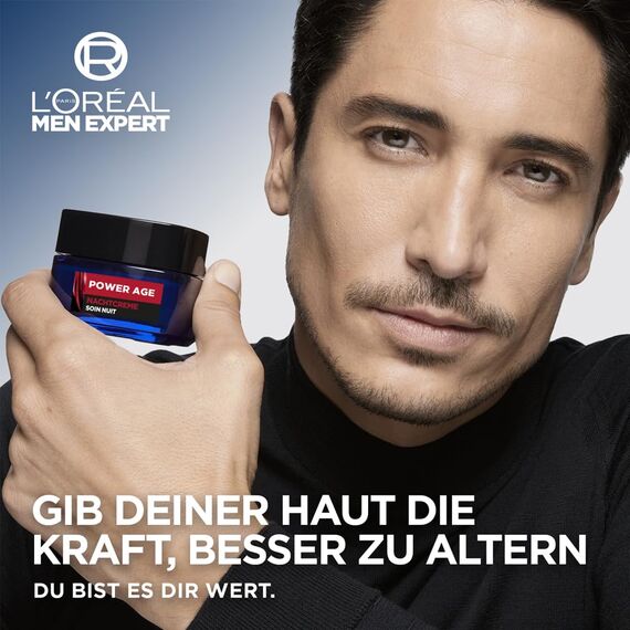 L'Oréal Men Expert Nachtcreme gegen Falten für Männer, Anti-Aging Feuchtigkeitscreme für das Gesicht gegen müde und matte Haut, Gesichtscreme für Herren mit Hyaluronsäure, Power Age, 1 x 50 ml