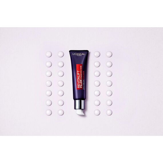 L'Oréal Paris Hyaluron Augenpflege, Anti-Aging Augencreme für das Gesicht, Anti-Falten und Volumen, Mit Hyaluronsäure, Vitamin CG & E, Revitalift Filler, 30 ml (Packung mit 10)