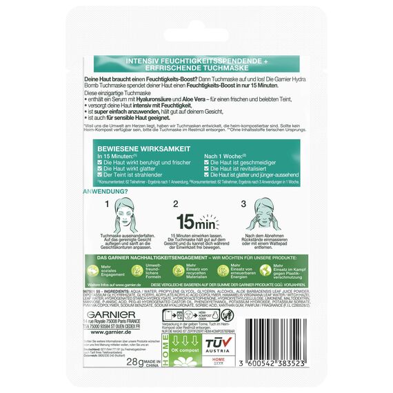 Garnier Tuchmaske, Gesichtsmaske für alle Hauttypen, Erfrischend und feuchtigkeitsspendend, Mit Hyaluronsäure und Aloe Vera, Hydra Bomb, 28 g (Packung mit 5)