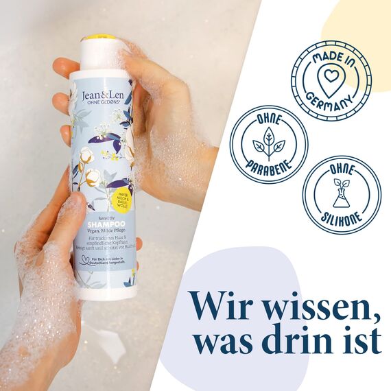 Jean & Len Shampoo Sensitiv Hafermilch & Baumwolle, reinigt sanft und schützt vor Haarbruch, für trockenes Haar und sensible Kopfhaut, ohne Parabene und Silikone, vegan, 300 ml (Packung mit 2)