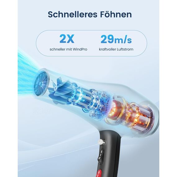 HappyGoo Profi Föhn, Ionen Fön Haartrockner, Hair Dryer Haarföhn mit 1 Diffusor 2 Stylingdüse, 1,9 Meter langes Netzkabel, 3 Heiz und 2 Geschwindigkeitsstufen, Starker Fön für Familie Friseursalon