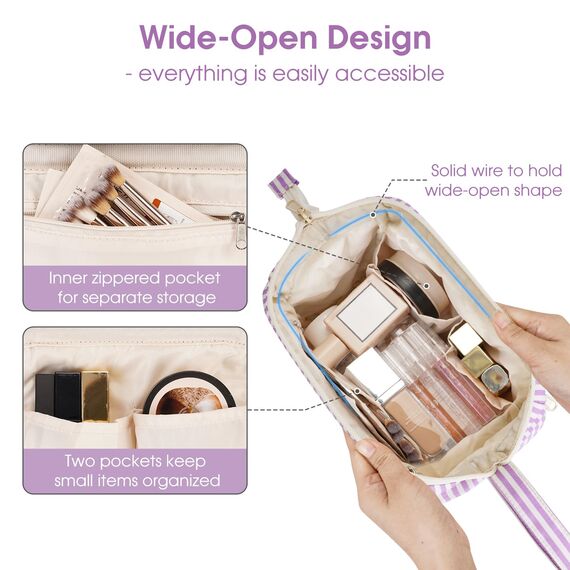 Narwey Kulturtasche Damen Kulturbeutel Kosmetiktasche Schminktasche Reise Make-up-Tasche mit Weit Offener Tasche für Damen Frauen (Lila Streifen)