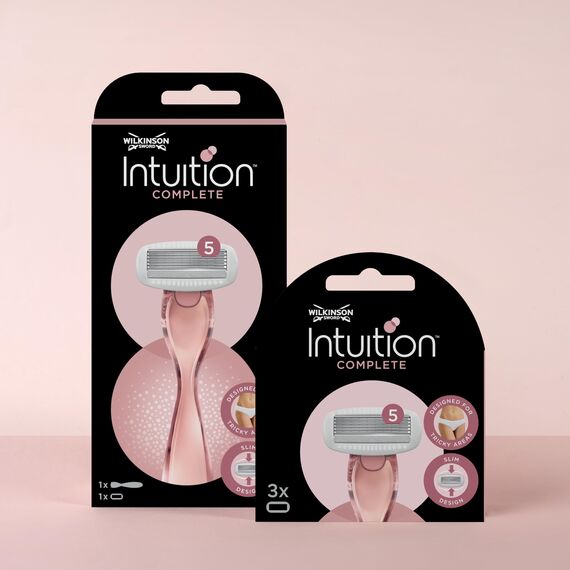 Wilkinson Sword Intuition Complete Reise-Set, 5-Klingen-Enthaarungsrasierer für Frauen und 5 Ersatz-Rasierklingen für Damen, Kulturtasche, geeignet für empfindliche Bereiche