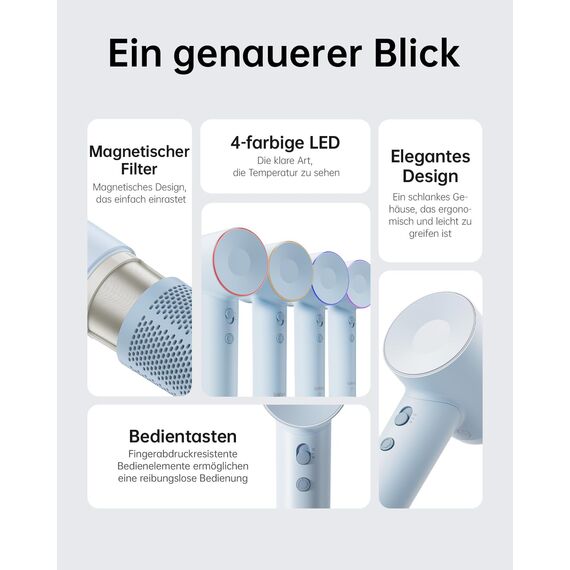 Laifen SE Haartrockner mit 200 Millionen negativen Ionen und Bürstenlosemstenlosem Motor mit 105.000 U/min. Leistungsstarker, schneller und leiser Haartrockner mit magnetischem Zubehör(Blau)