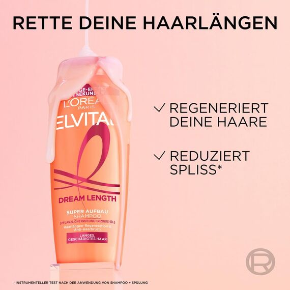 L'Oréal Paris Elvital Super Aufbau Shampoo gegen Spliss, Gepflegte & glänzende Haare, Für brüchiges & trockenes Haar, Dream Length, 1 x 300 ml