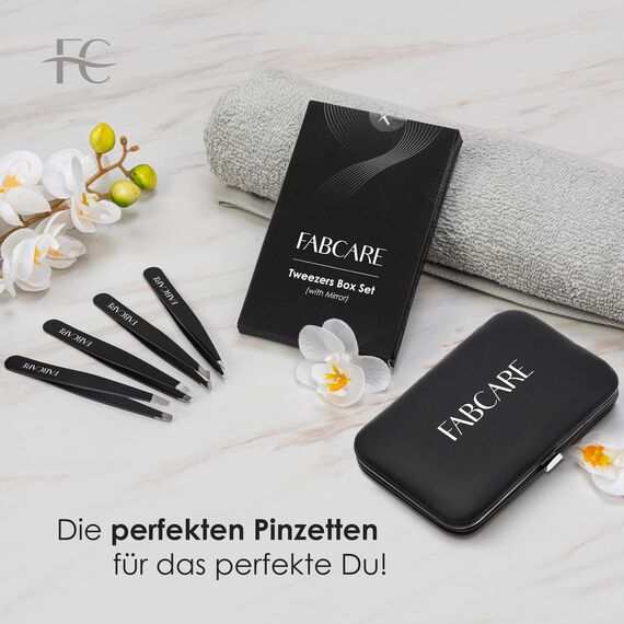 FABCARE Augenbrauenpinzette (gewinkelt) inkl. Etui, Verbesserte Spitze, Professionelle Augenbrauenpinzette mit Anti-Rutsch-Beschichtung, Haarentfernungspinzette mit Spiegel