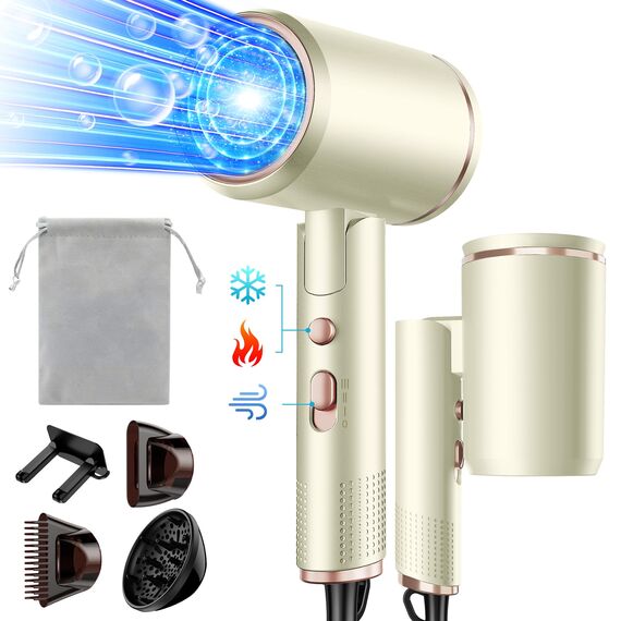 Vbrisi Föhn,Fön,2400W Klappbar Ionen Haartrockner, Schnelltrocknen Hair Dryer, Profi Reisefön mit Heiß-/Kalttaste, 3 Heiz,AC Motor Salon Haarföhn mit Diffusor & Aufbewahrungstasche (Beige)