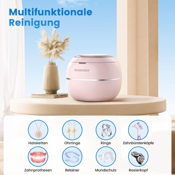 Ultraschallreinigungsgerät 48000Hz Ultraschallreiniger | 24W | 180ML | Ultrasonic Cleaner mit UV Lampe Ultraschallbad für | Zahnersatz | Retainer | Aligner | Prothesen | Zahnschiene | Schmuck | (Rosa)