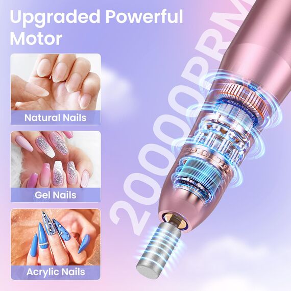 Nagelfräser, Professionell Nagelfräser für Gelnägel, Elektrische Nagelfeile 20000 u/Min Verstellbare Geschwindigkei, Fräser für Gelnägel, Maniküre Set Elektrisch für Gelnägel und Acrylnägel