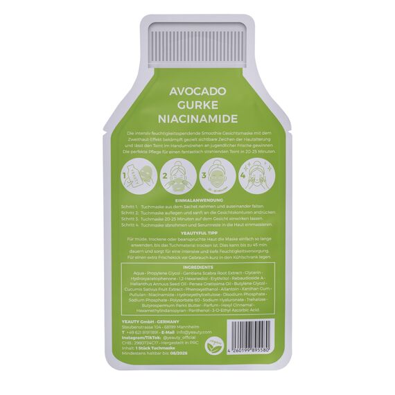 YEAUTY SMOOTHIE Tuchmaske Avocado, Cucumber & Niacinamide – Feuchtigkeitsspendende Gesichtsmaske für intensive Pflege, strahlende Haut – 100% biologisch abbaubar – 1er Pack