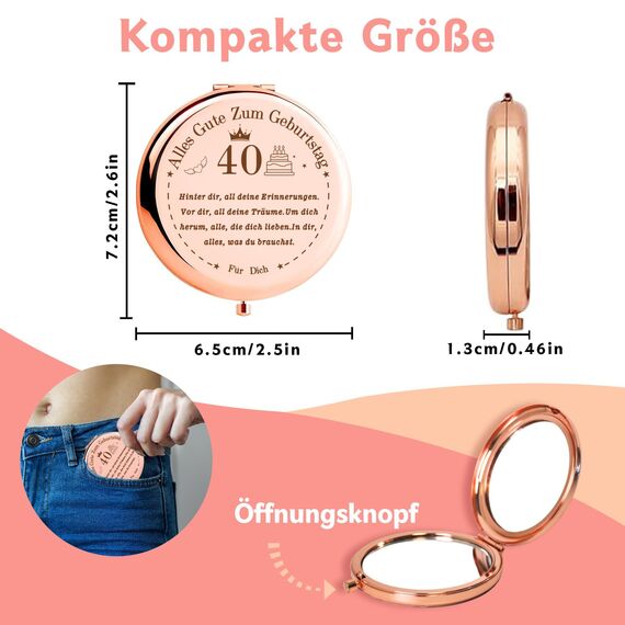 VivaJoy Geschenk 40 Geburtstag Frauen - Geschenk Zum 40 Geburtstag Frauen, Kompakter Make-up-Spiegel, Taschenspiegel, Geschenke Zum 40. Geburtstage Für Mama,Ehefrau, Tochter, Beste Freundin, Schwester