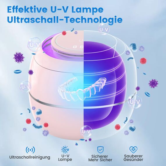 Ultraschallreinigungsgerät 48000Hz Ultraschallreiniger | 24W | 180ML | Ultrasonic Cleaner mit UV Lampe Ultraschallbad für | Zahnersatz | Retainer | Aligner | Prothesen | Zahnschiene | Schmuck | (Rosa)