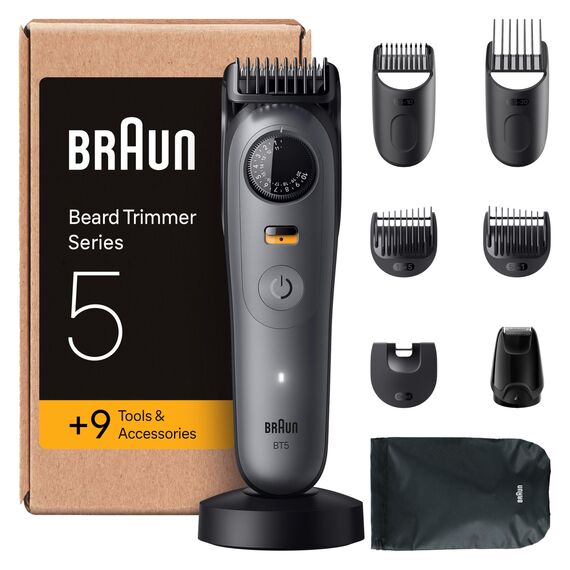 Braun Barttrimmer Series 5, Elektrischer Bartschneider Herren mit 9 Zubehörteile, Ultrascharfe ProBlade Klinge, 120 Min Akkulaufzeit, Kabelloser Bartrasierer, 40 Längen, Wasserdicht, BT5565, Grau