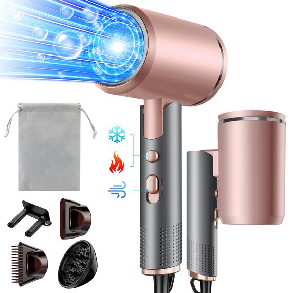 Vbrisi Föhn,Fön,2400W Klappbar Ionen Haartrockner, Schnelltrocknen Hair Dryer, Profi Reisefön mit Heiß-/Kalttaste, 3 Heiz,AC Motor Salon Haarföhn mit Diffusor & Aufbewahrungstasche (Grau-rosa)