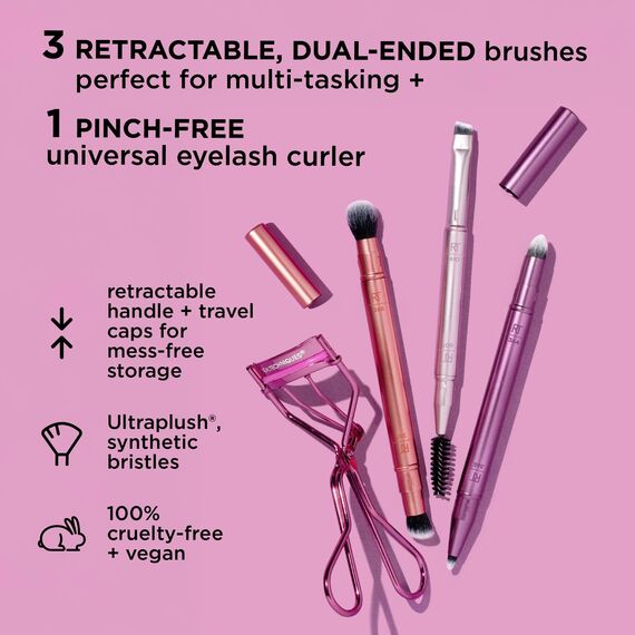 Real Techniques Double Time Brush + Lash 4 Piece Set, Dual-Ended Eye Makeup Brushes For Eyeshadow & Brows, Travel-Friendly Brush Caps For Storage, Eyelash Curler Included, Cruelty-Free
