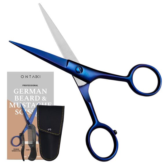Ontaki 5“ Professionelle deutsche Bart- und Schnurrbartschere mit 2 Kämmen und Tragetasche für Männer (Mitternachtsblau)
