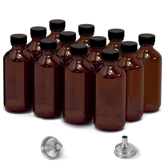 DIDITIME 12 Stück Bernsteinglasflaschen für Vanilleextrakt, Boston, rund, auslaufsicher, braune Gläser mit Kappen, Bonus-Trichter, ideal für hausgemachte Extrakte, ätherische Öle,