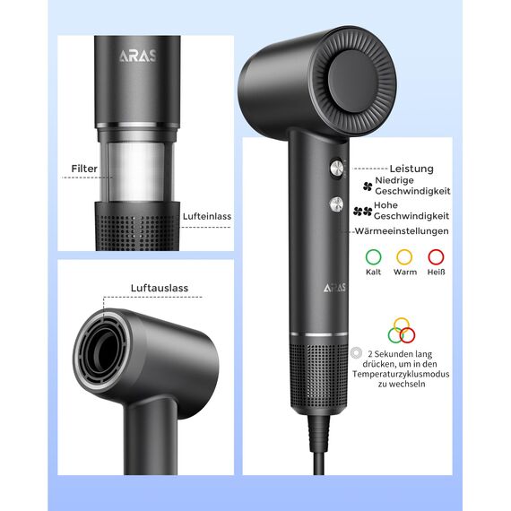 Professioneller Negativ Ionen Haartrockner, Hochgeschwindigkeits-Föhn mit 160.000 U/min, Bürstenloser Motor für Schnelles Trocknen mit Magnetischer Düse