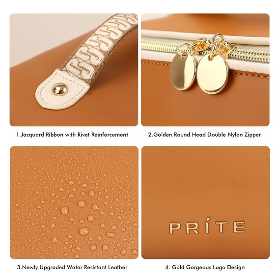 Prite Große Kapazität Kosmetiktasche Tragbare Reise Make Up Tasche wasserdichte PU-Leder Schminktasche oder Kulturbeutel mit Transparente Trenner und Griff (Braun L)