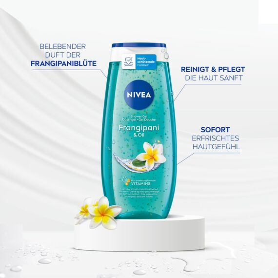 NIVEA Frangipani & Oil Duschgel, pH-hautneutrale Pflegedusche mit belebendem Duft nach Frangipaniblüte, verwöhnende Dusche mit pflegenden Ölperlen (250 ml)