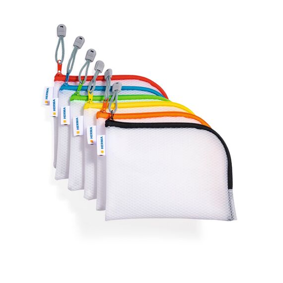 HERMA Dokumententasche mit Reißverschluss Set, 50 Stück, wasserdichte Reißverschlusstasche, verschließbare Dokumentenmappe aus Kunstoff mit Zipper, halb-transparent, 5 verschiedene Größen