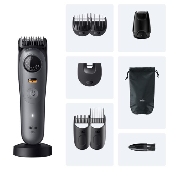 Braun Barttrimmer Series 5, Elektrischer Bartschneider Herren mit 9 Zubehörteile, Ultrascharfe ProBlade Klinge, 120 Min Akkulaufzeit, Kabelloser Bartrasierer, 40 Längen, Wasserdicht, BT5565, Grau
